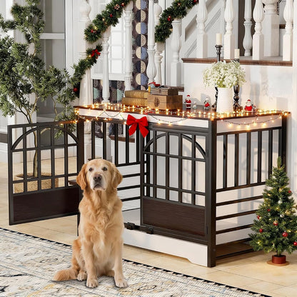 52IN Dog Crate with Arched Doors, White Brown