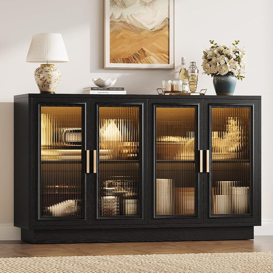 55.1" Sideboard Buffet Cabinet with Storage - LED Sideboard Cabinet, Black