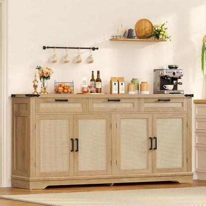 61” Large Buffet Cabinet with Storage, Sideboard Cabinet with 4 Doors and 3 Drawers, Farmhouse Buffet Table, Dining Room Storage Cabinet for Kitchen or Living Room, Natural