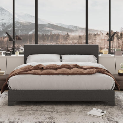 Full Size Upholstered Bed Frame Adjustable Headboard, Dark Grey