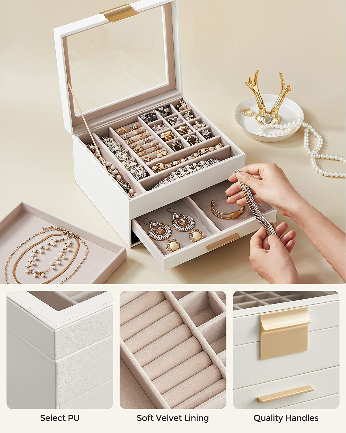 3-Tier Jewelry Organizer with Glass Lid and Square Travel Jewelry Box Bundle, with Drawers, Mirror, PU, Modern, Gift Idea, Cloud White UJBC239WT and UJBC179W01
