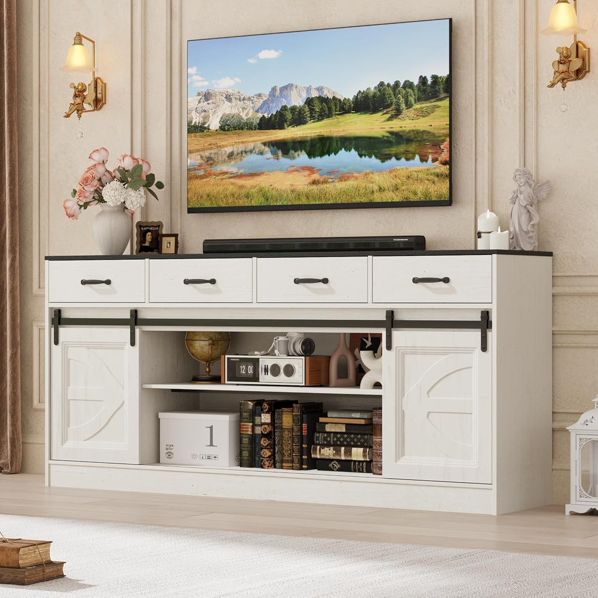 70" Large Farmhouse Tall TV Stand for 85/80/75/70 Inch TVs,4 Drawers,Multi