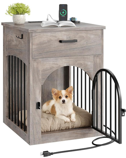 Dog Crate Furniture, Wooden Dog Kennel with Charging Station and Storage Drawer