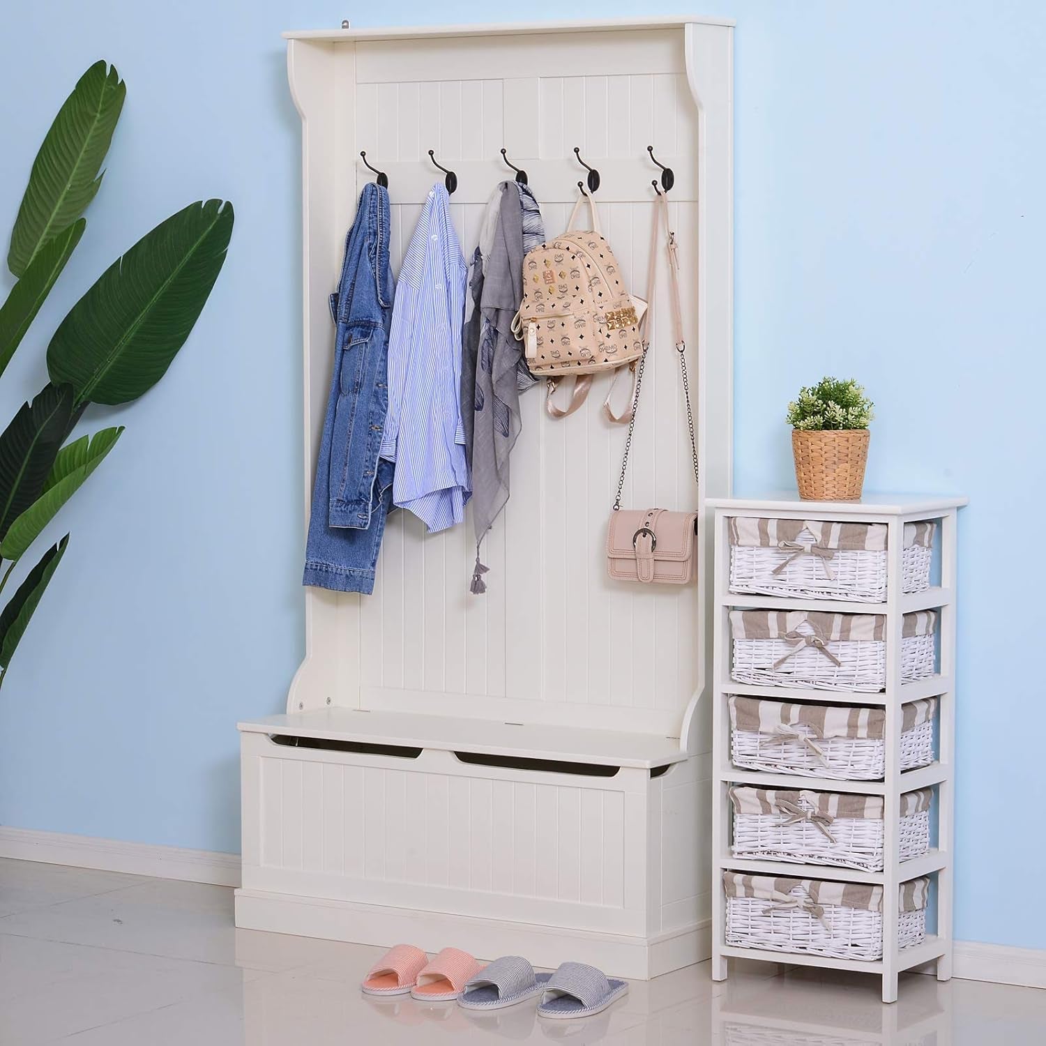 Hall Tree with Bench and Shoe Storage, 3-In-1 Entryway Bench with Coat Rack, 5 Hooks and Flip Top Storage Compartment, Cream White