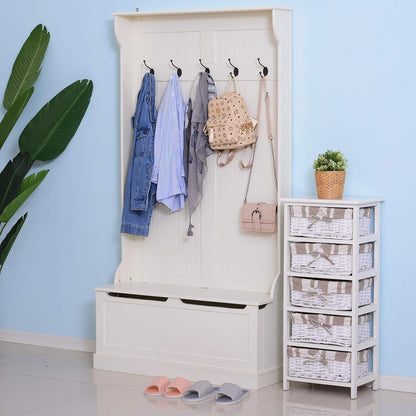 Hall Tree with Bench and Shoe Storage, 3-In-1 Entryway Bench with Coat Rack, 5 Hooks and Flip Top Storage Compartment, Cream White