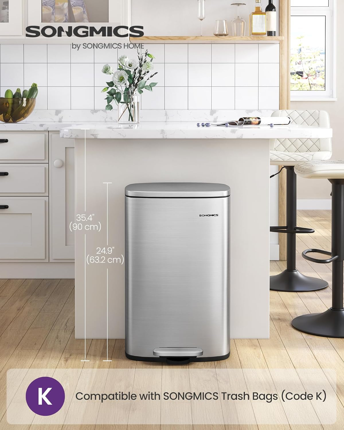 13 Gallon (50 L) Trash Can, Stainless Steel Kitchen Garbage Can, Recycling or Waste Bin, Soft Close, Step-On Pedal, Removable Inner Bucket, Silver ULTB050E01