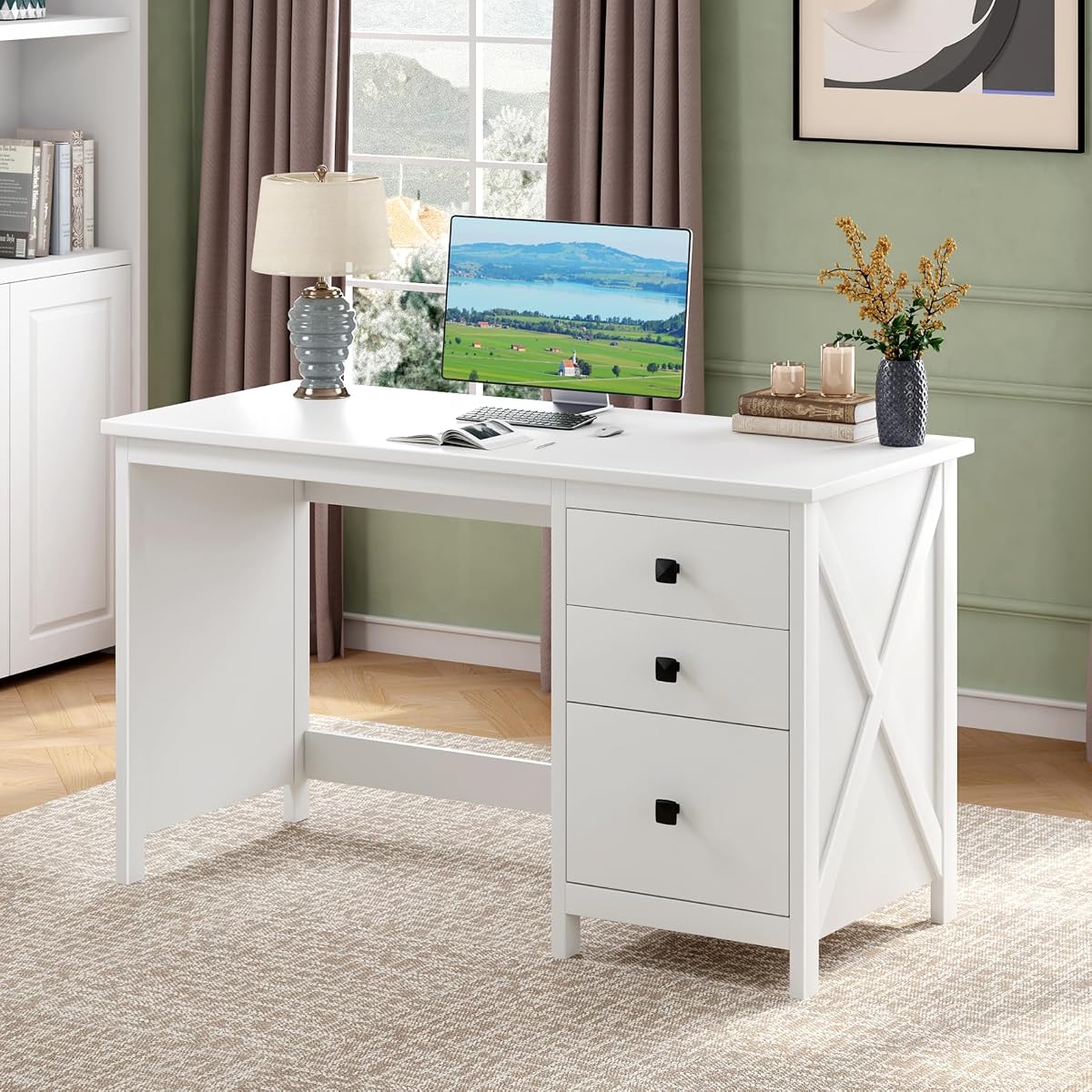 47.2 Inch White Computer Desk with 3 Drawers for Home Office Bedroom