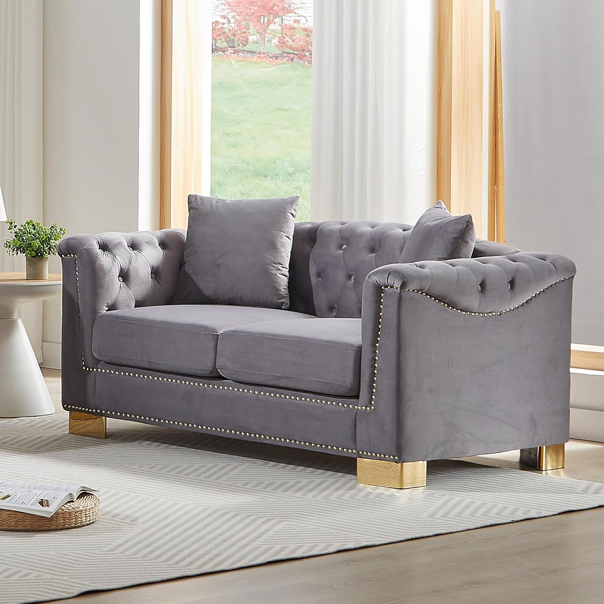 62" Chesterfield Sofa Velvet Two-Seater, Modern Classic Rolled Arm Button Tufted Sofa with Nailhead Decor, Cloud Couch Loveseat for Living Room, Apartment (Grey)