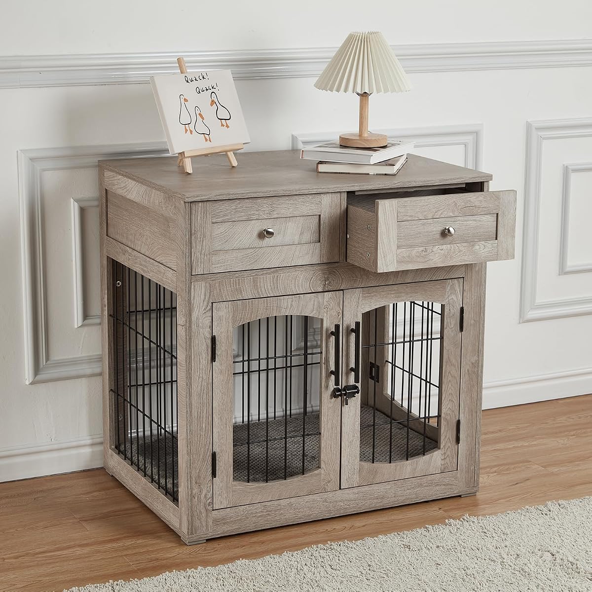 Dog Crate Furniture with Cushion,Wooden Dog Kennels Indoor with 2 Drawers
