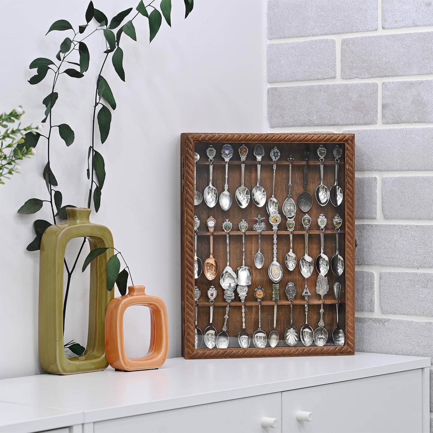 Wooden 30-Souvenir Spoon Display Case Cabinet, Wall-Mounted Tea Spoon Rack with Tempered Glass Door Suitable for Collection Display, Brown Color, 13.4W X 2.6D X 15.7H In