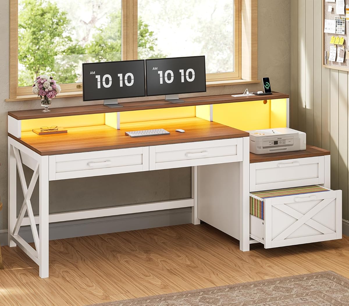 Farmhouse Home Office Desk with File Drawer & Power Outlet, Computer Desk with 4 Drawer, Storage Shelves, Printer Cabinet and Monitor Shelf, Gaming Desk with Led Lights, White Brown