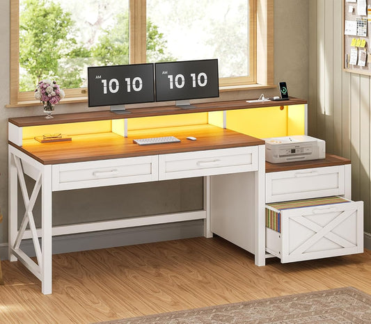 Farmhouse Home Office Desk with File Drawer & Power Outlet, Computer Desk with 4 Drawer, Storage Shelves, Printer Cabinet and Monitor Shelf, Gaming Desk with Led Lights, White Brown