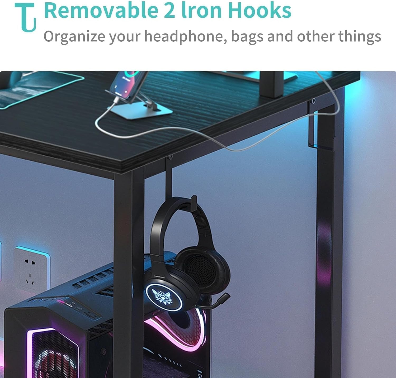 Small Desk with Power Outlets and LED Lights, 32 Inch Teen Writing Study Table Home Office Computer Desks with Monitor Stand, Gaming Desk with Charging Station, Black