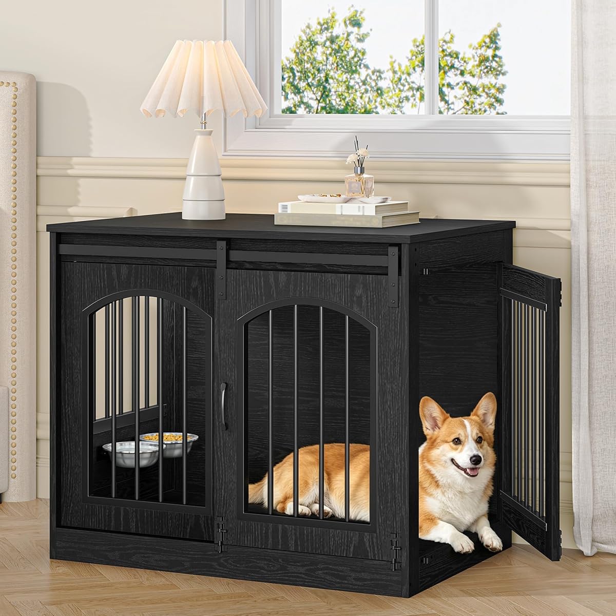 31.5 in Dog Crate Furniture Indoor Dog Kennel with 2 Feeding Bowls