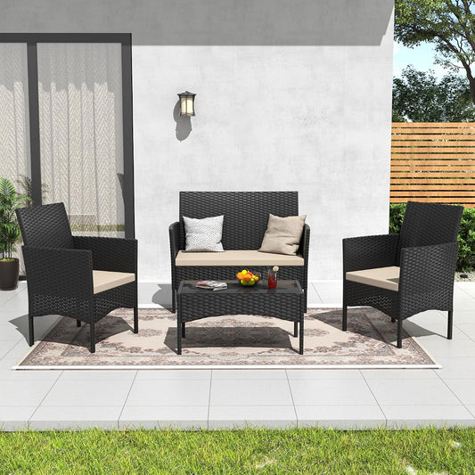 Outdoor Patio Furniture Set, 4 Pieces Patio Conversation Set Wicker Chairs with Glass Table and Soft Cushion for Porch,Backyard, Poolside (Sand)
