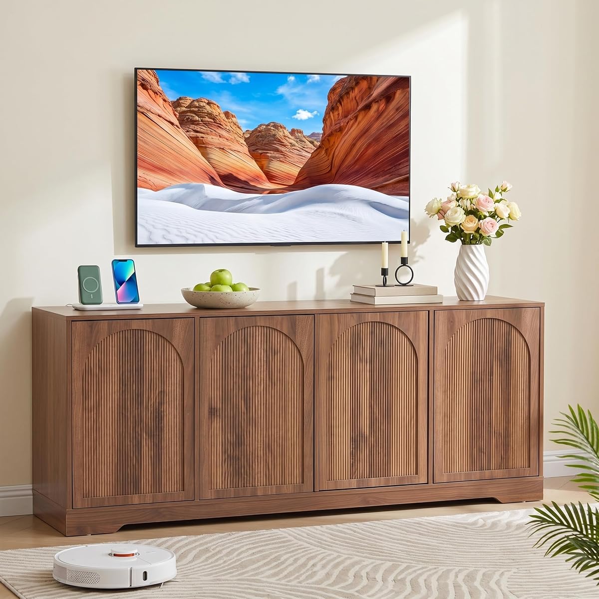 Walnut 62.2" TV Stand for TVs up to 70 Inches with Fluted & Arched Doors