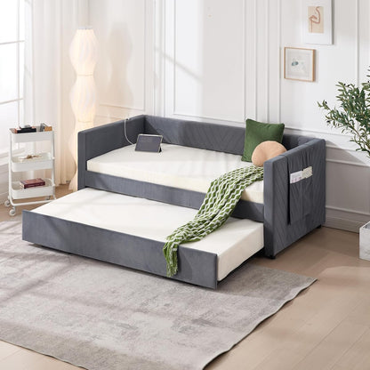 Twin Size Upholstered Daybed with Trundle,USB Port,Side Pockets, V Grained backrest Design,No Box Spring Needed, for Bedroom, Guest Room (Grey, Twin)