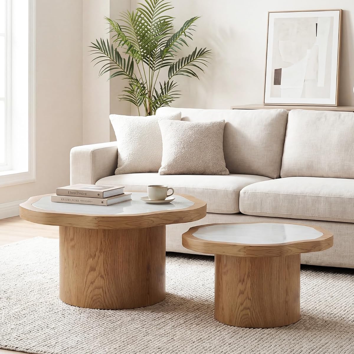 Nesting Coffee Table Set of 2, Modern Coffee Table and End Table Set, Fiberglass Top Wood Grain Accent Table for Living Room Bedroom, Natural Color