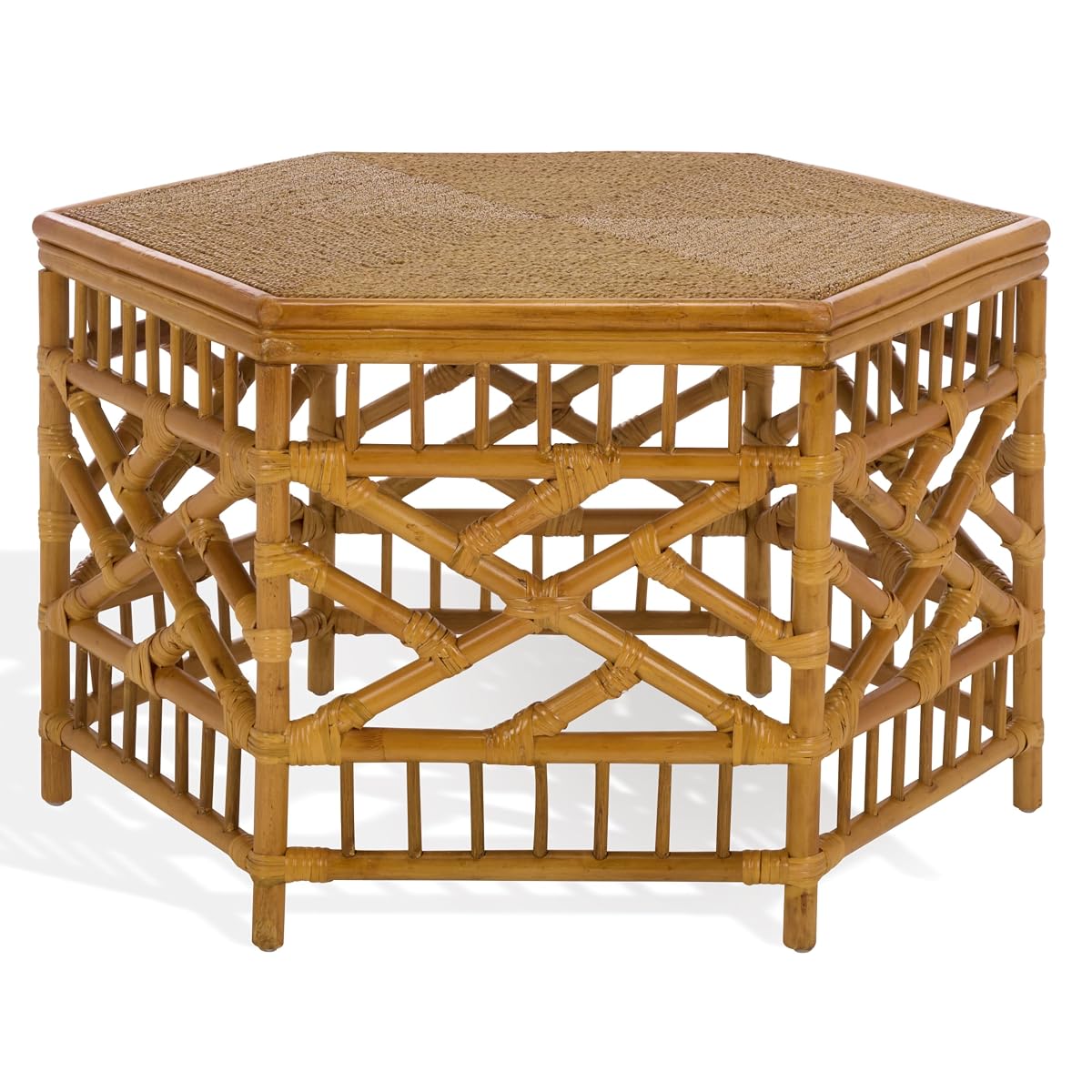 SAFAVIEH Couture Collection – Frederica Rattan & Seagrass Hexagon Coffee Table, Handwoven Natural Fiber Living Room Accent, Fully Assembled (CWK2037A)