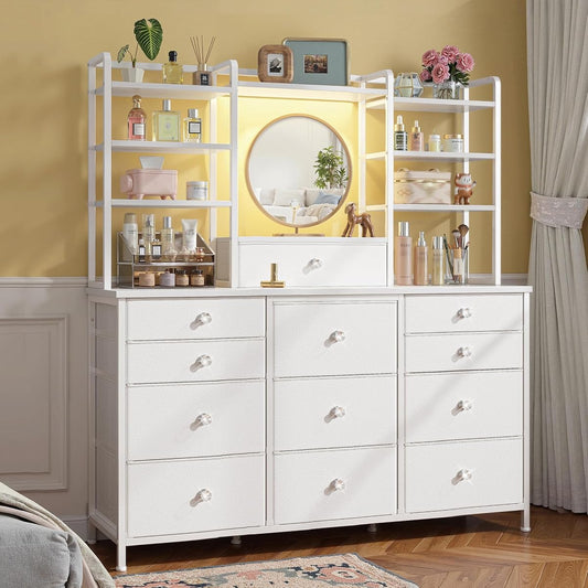 White Dresser for Bedroom with RGB LED Lights, Vanity Organizer