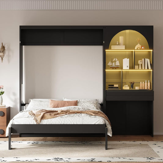 Queen Size Murphy Platform Bed with Side Cabinets, Drawer, Open Shelves