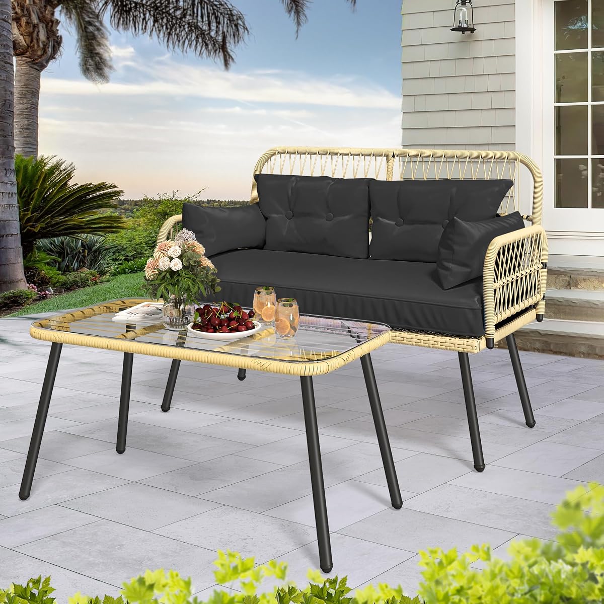 2-Piece Patio Furniture Wicker Outdoor Loveseat, All-Weather Rattan Conversation for Backyard, Balcony and Deck with Soft Cushions and SideTable (Light Brown+Black)