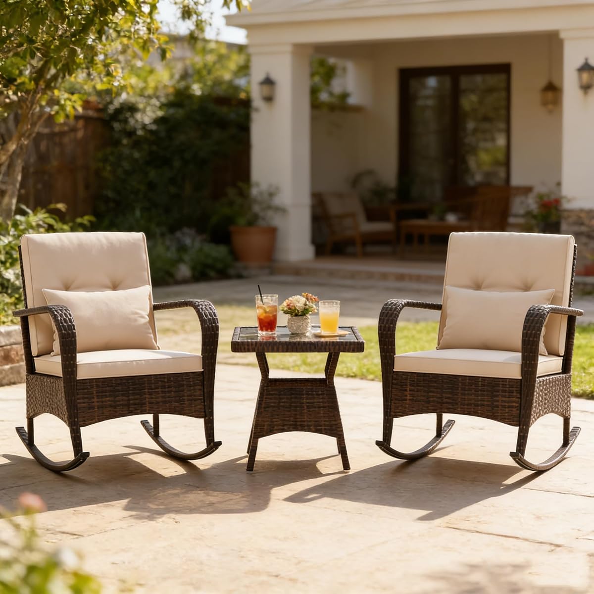 Outdoor Rocking Chairs Set of 2, 3 Piece PE Wicker Patio Bistro Set | Coffee Table & Thick Cushions, Rattan Patio Rocker Furniture for Front Porch Lawn Garden Backyard Deck Poolside (Beige)