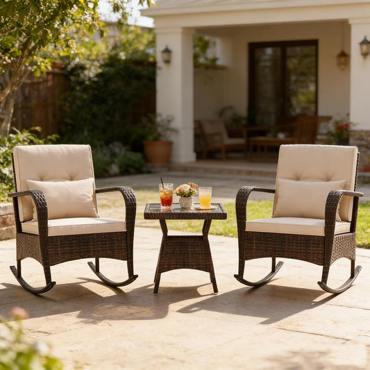 Outdoor Rocking Chairs Set of 2, 3 Piece PE Wicker Patio Bistro Set | Coffee Table & Thick Cushions, Rattan Patio Rocker Furniture for Front Porch Lawn Garden Backyard Deck Poolside (Beige)
