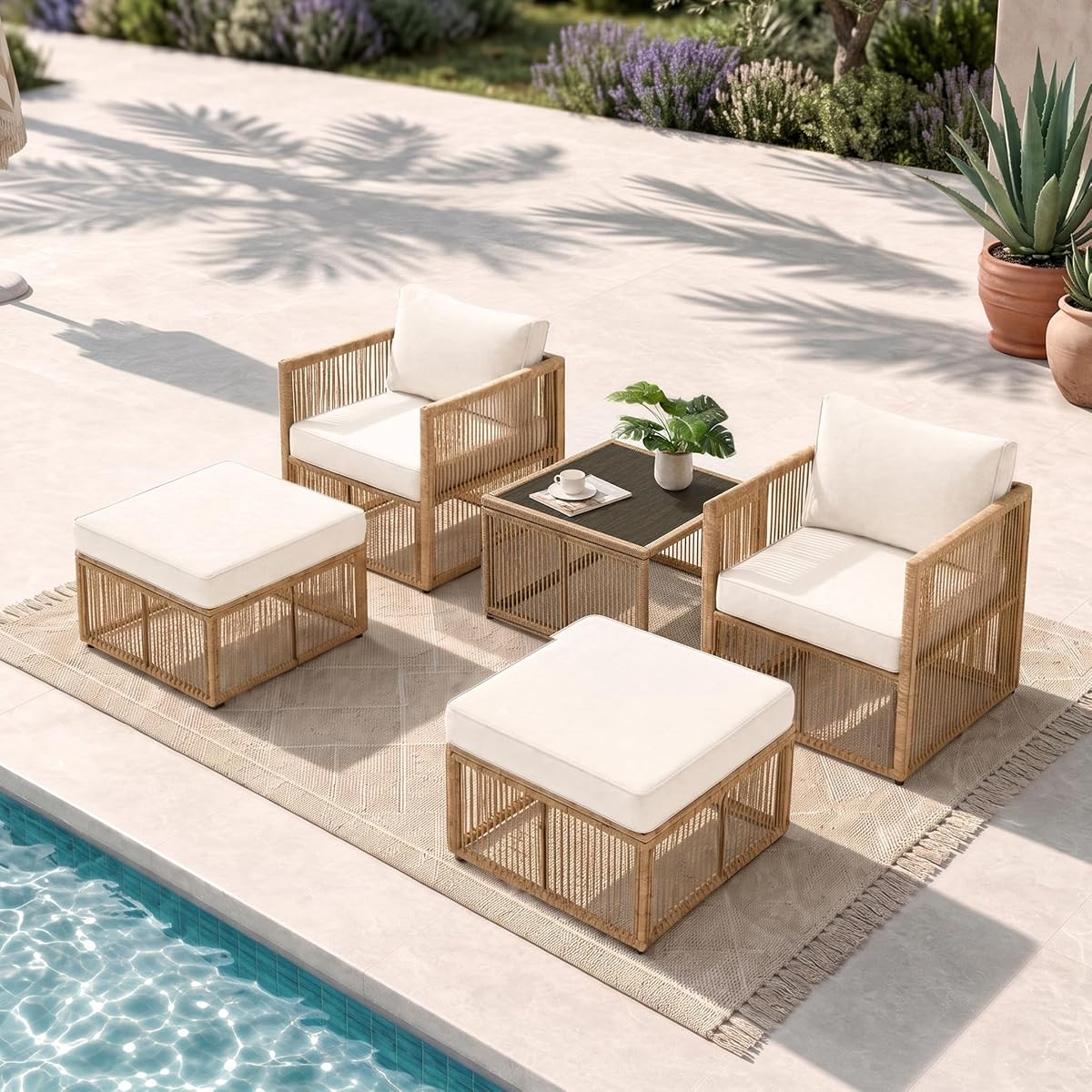 5 Piece Patio Furniture Set, Outdoor Sectional Sofa Set with 2 Ottomans, Coffee Table, Washable Cushions, All Weather Patio Wicker Conversation Set with Arm Chairs for Backyard, Porch, Balcony, Deck