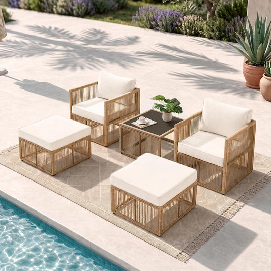 5 Piece Patio Furniture Set, Outdoor Sectional Sofa Set with 2 Ottomans, Coffee Table, Washable Cushions, All Weather Patio Wicker Conversation Set with Arm Chairs for Backyard, Porch, Balcony, Deck