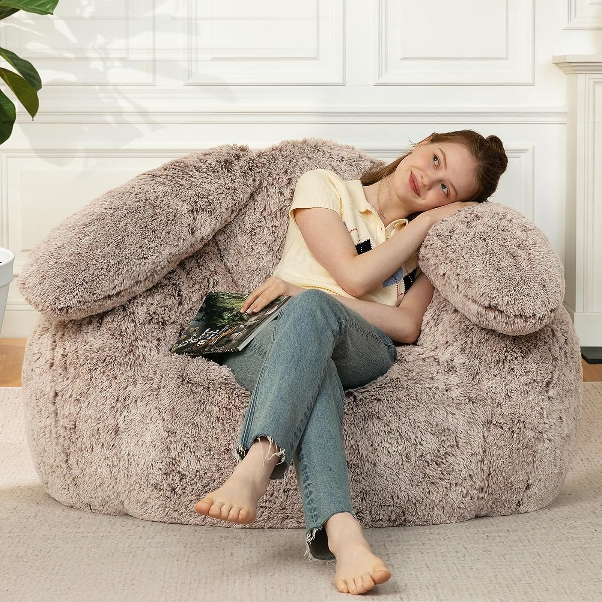 Bean Bag Chair for Adults Teens Giant Fluffy Plush Bean Bag Sofa with Filler Faux Fur Rabbit Shaped Beanbag Chairs Comfy Accent Floor Couch for Gaming, Reading in Bedroom, Living Room, Dorm