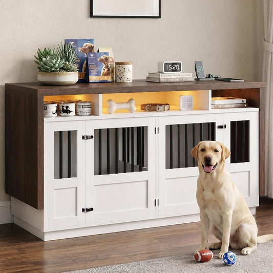 Furniture Dog Crate, 71" Double Dog Crate Furniture Brown & White