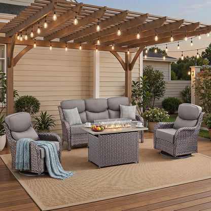 Luxury High Back Patio Furniture Set with 6-Inch Thick Cushions, 4-Pieces Outdoor Furniture with Swivel Chairs Fire Pit, Wicker Conversation Set for Porch, Balcony, Deck and Yard, Brown/Grey