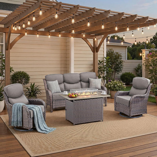 Luxury High Back Patio Furniture Set with 6-Inch Thick Cushions, 4-Pieces Outdoor Furniture with Swivel Chairs Fire Pit, Wicker Conversation Set for Porch, Balcony, Deck and Yard, Brown/Grey