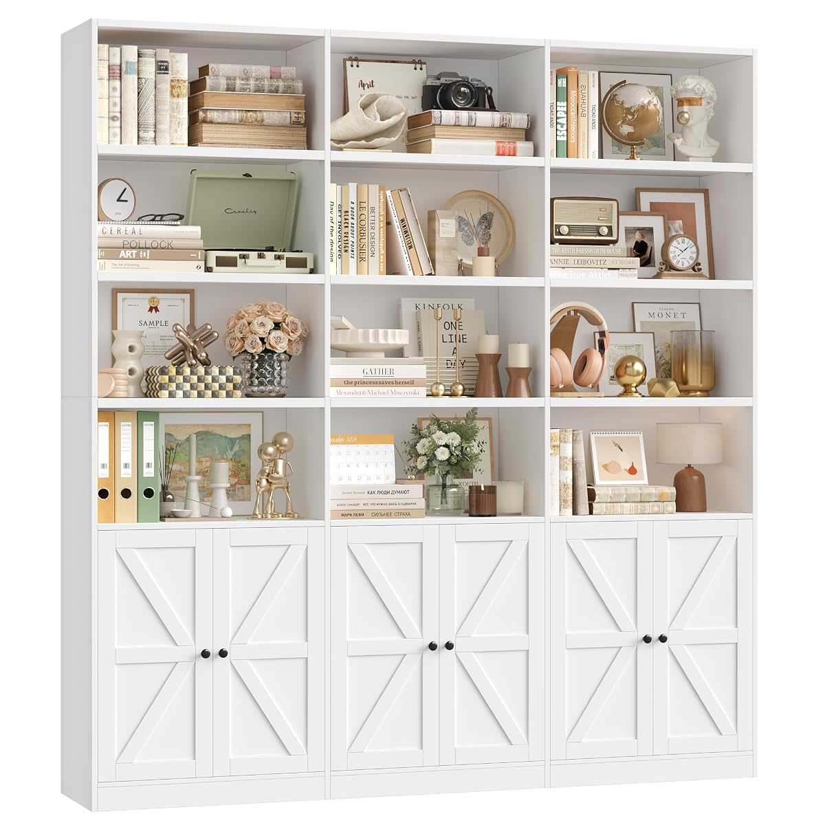 75" Triple Wide Bookshelf, White Bookshelf and Bookcase with 6 Farmhouse Doors, 71" Wide 6 Tier Book Shelf with 18 Storage Shelves, Large Wooden Bookshelves, Tall Bookcase for Office, White