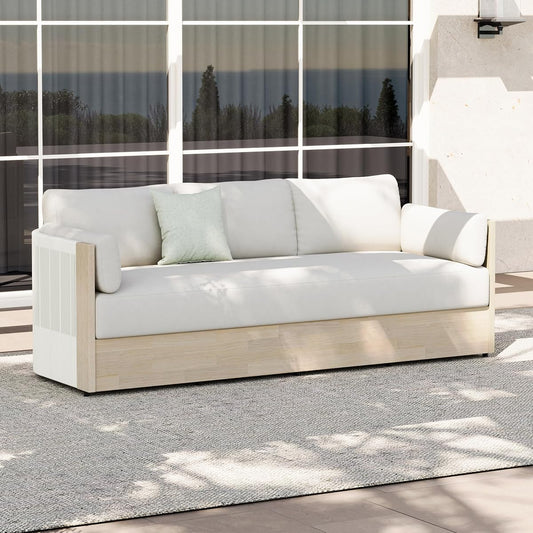 Acacia wood three seater outdoor patio sofa with thick cushions