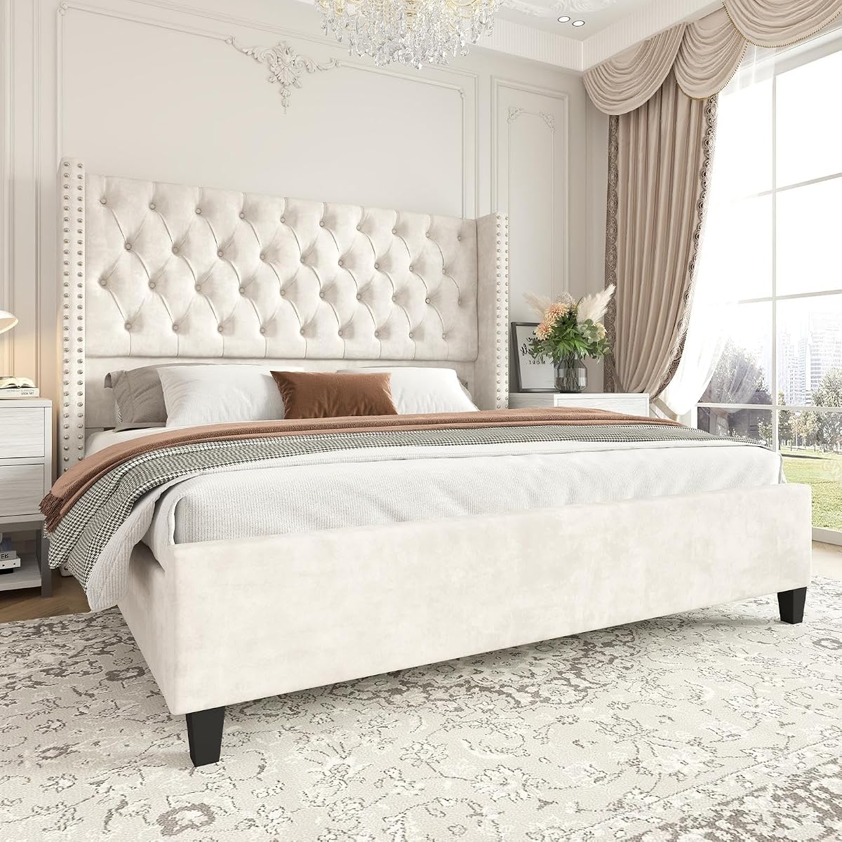 Queen Size Bed Frame Velvet Upholstered Platform Bed with 51.6" Tall Wingback Headboard Deep Button Tufted, No Box Spring Needed, Cream