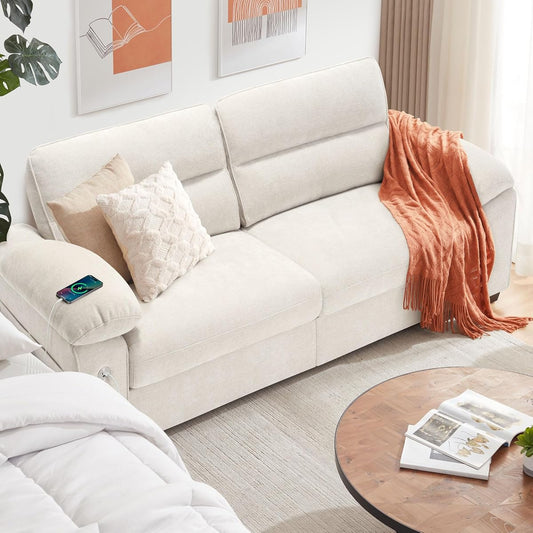 90.5" Modern Sofa 2-Seater Couch for Living Room, Chenille Pillow-Armrest with Extra Large Seat Width, USB/Type-C Charging Port & Side Pocket, Removable Medium Firm Cushion(Beige)