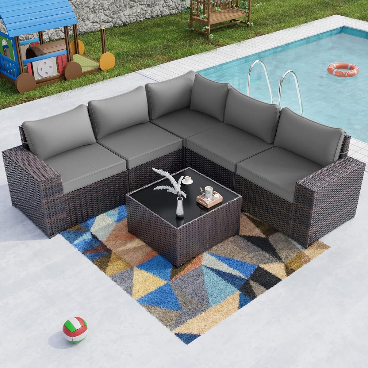 6PCS Outdoor Patio Furniture Set PE Wicker Rattan Sectional Sofa Patio Conversation Sets,Grey