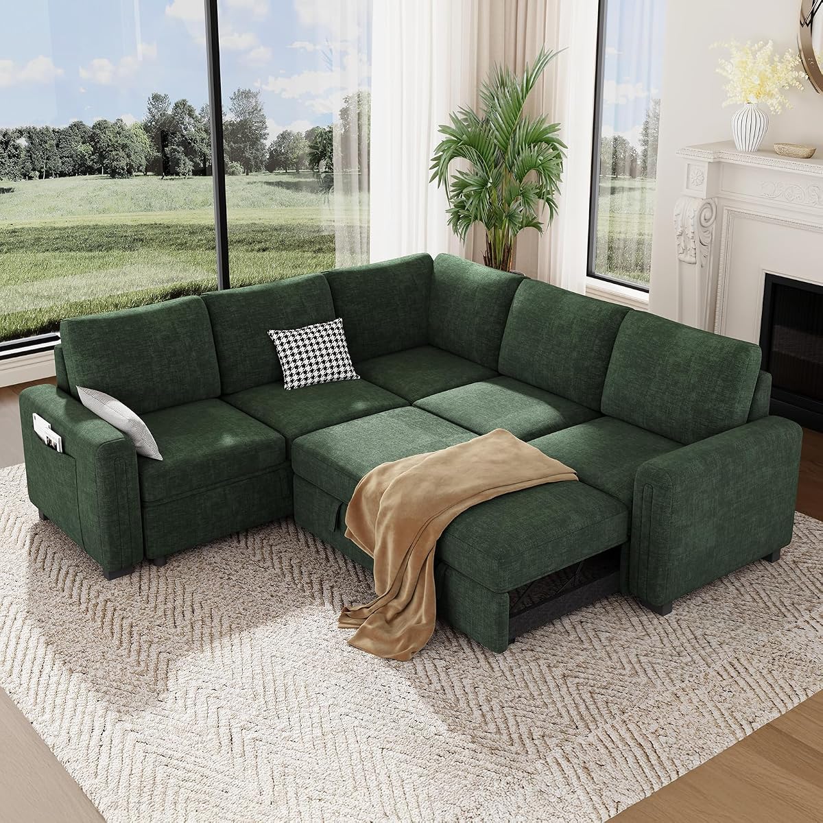 88.4" Sectional Sleeper Sofa with Pull Out Bed, 5 Seater L Shaped Modular Sectional Couch with Storage, Comfy Chenille Modular Couch for Living Room, Bedroom, Apartment, Green