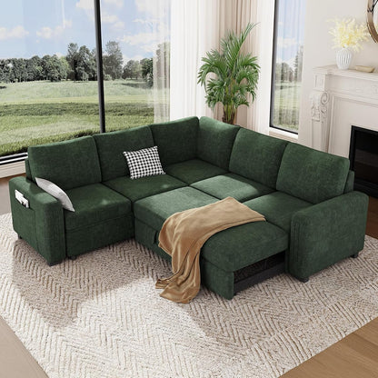 88.4" Sectional Sleeper Sofa with Pull Out Bed, 5 Seater L Shaped Modular Sectional Couch with Storage, Comfy Chenille Modular Couch for Living Room, Bedroom, Apartment, Green