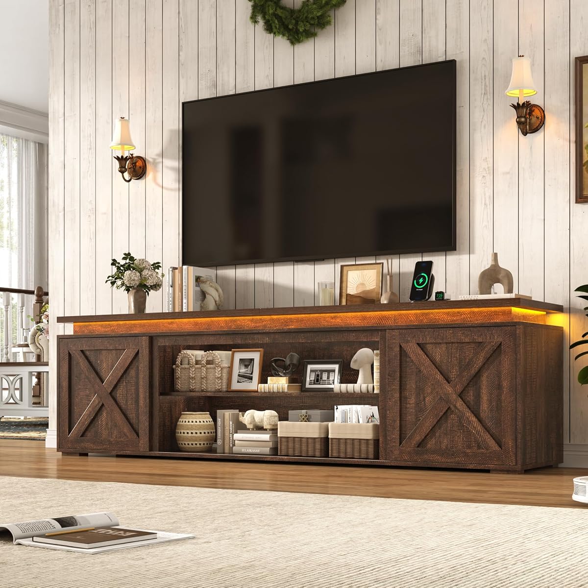 83" Farmhouse TV Stand for TVs Up to 95 Inch,Brown