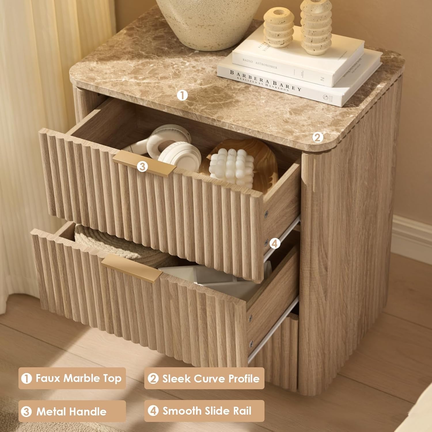Fluted Nightstand Set of 2, Engineered Wood Bedside Table with 3 Drawers, Modern End Table with Faux Marble-Top, Curved Corners, Metal Handle, Large Night Stand for Bedroom, Office, Closet Natural Oak