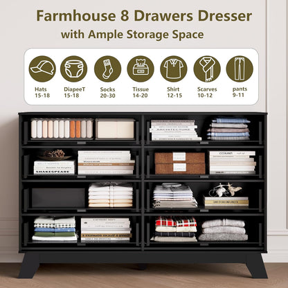 Fluted Dresser for Bedroom, 8 Drawer Dressers & Chest of Drawers, Mid Century Modern Dresser for Closet Boho Bedroom Furniture, Wooden Chests of Drawers Storage Organizer for Living Room, Black