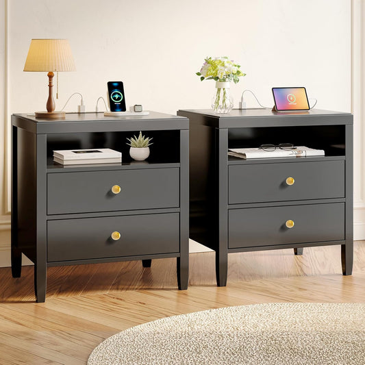Black Nightstand Set of 2, Night Stand with Charger Station, Bedside Table with 2 Drawers, Bed Side Tables for Bedroom, Modern Nightstands, Metal Knobs, Painted Surface