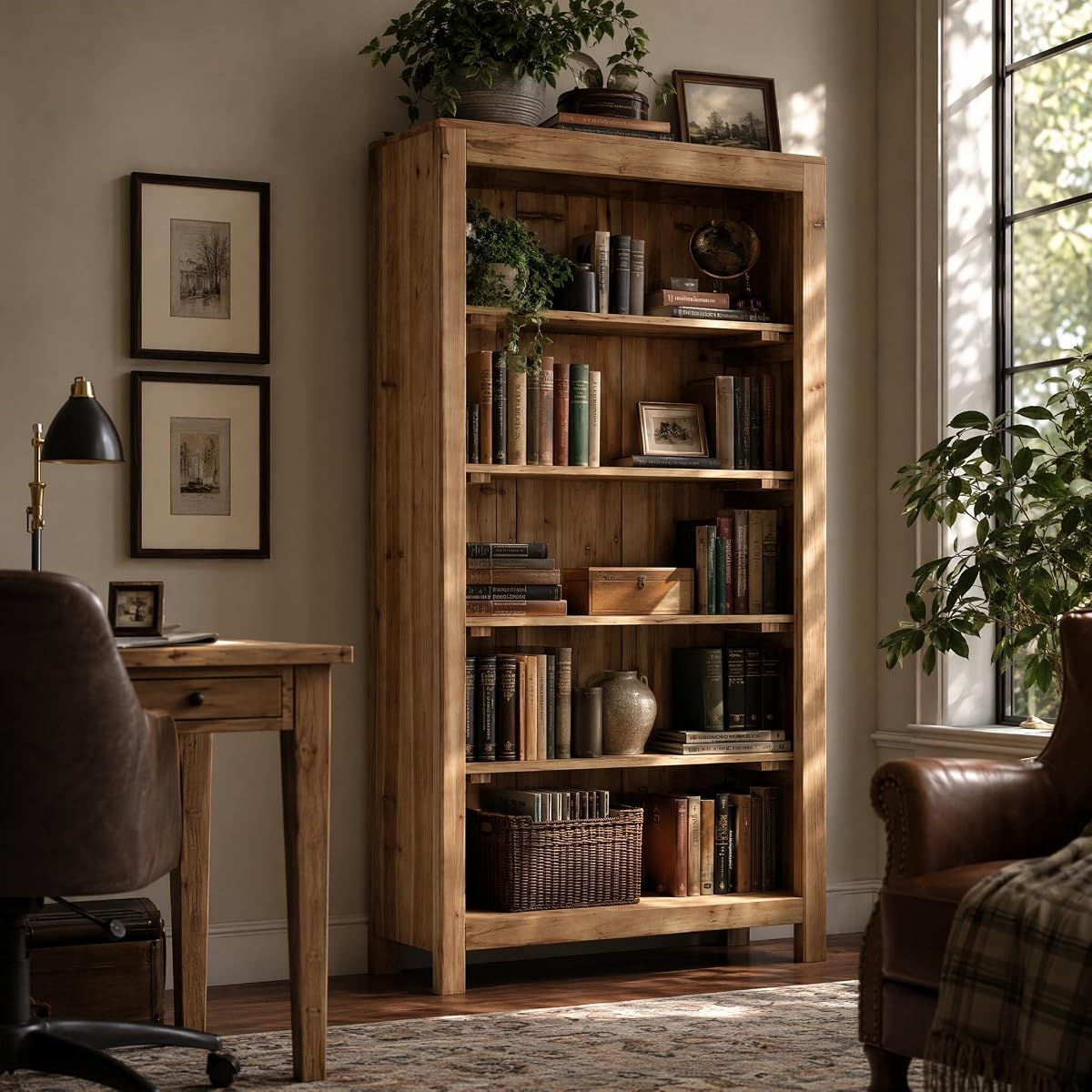71" Solid Wood 5-Tier Tall Bookcase (1, Brown)