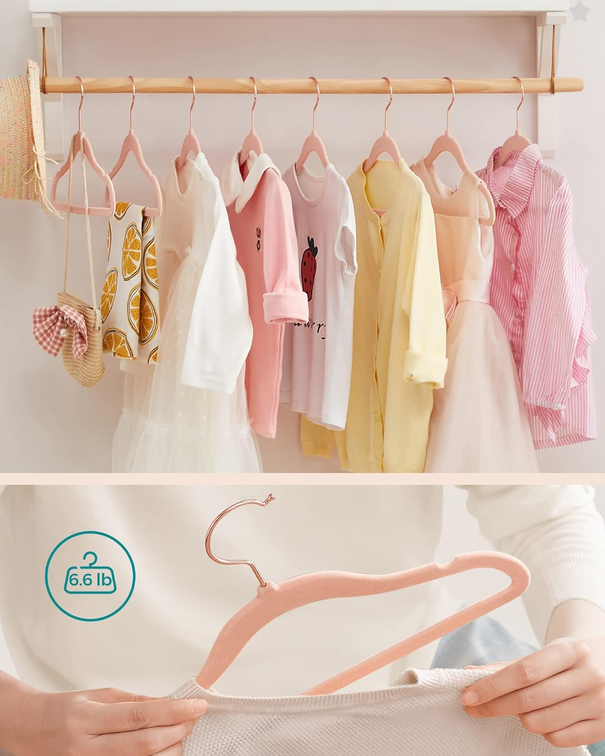 Baby Kids Hangers 50 Pack for Closet, 11.8 X 8.1 Inches, Rose Gold 360° Swivel Hooks, Space-Saving Clothes Velvet Hangers for Nursery, Non-Slip, Jelly Pink UCRF027P01