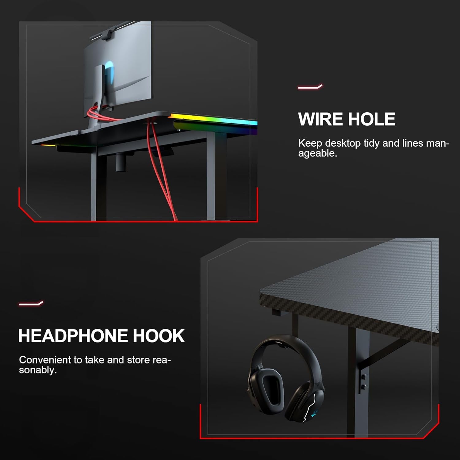 Gaming Desk 55 Inch with LED Lights, Large Computer Desk with Mouse Pad for Home Office, T-Shaped Carbon Fibre Surface PC Game Workstations with Headphone Hook