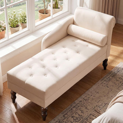Chaise Lounge Chair Indoor with Right Armrest, Velvet, White