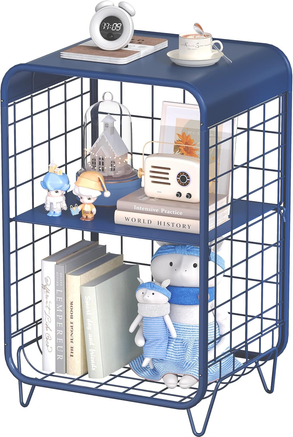 Cute Nightstand,Metal Side Table,3-Tier Modern End Table with Storage Shelf, Unique Side Tables, Cute Coffee Table for Living Room, Small Table for Bedroom,Navy Blue